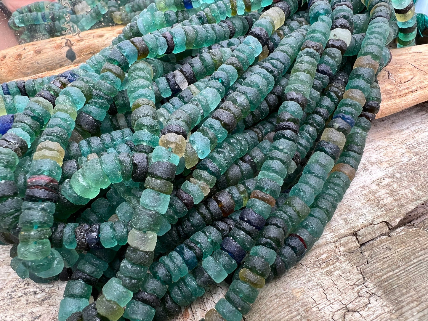 Large Roman Glass Disc tyre Rondelles Beads Blue Aqua Green Natural aged beads / Ancient Rare Beads 13.5” strand - 6-7 mm approx beads