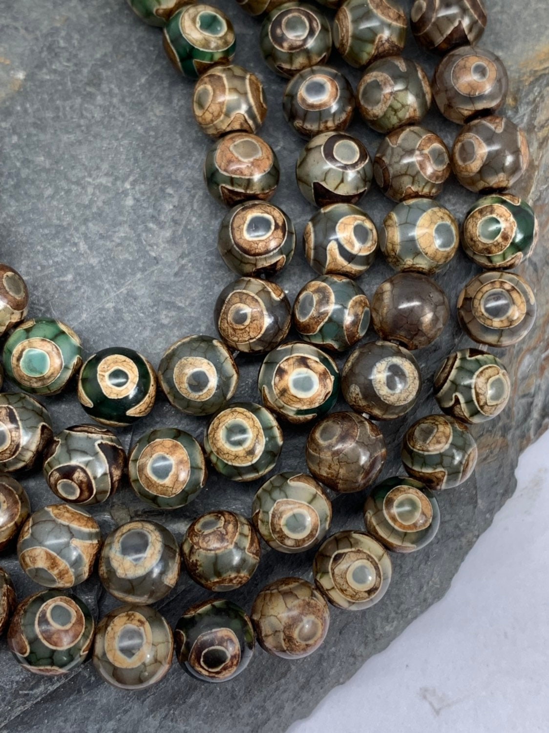 Tibetan Eye Green Brown Agate Beads 8mm / DZI Heavens Eye Beads / Gemstone Agate Round Rustic Beads / More green than pics!