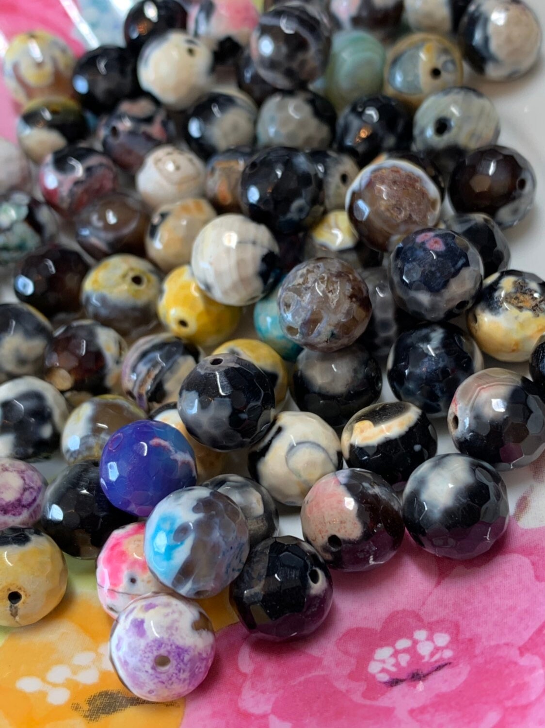 Multi Coloured Stripey Banded China Agate faceted Beads 10mm / Faceted Fire Agate beads / Cracked Agate Beads /