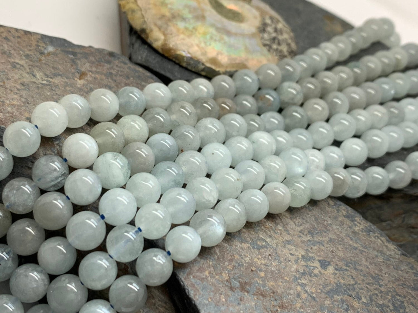 Natural Blue grey Round Aquamarine beads / 7 mm Soft Pale Blue Gemstone Beads with shillah
