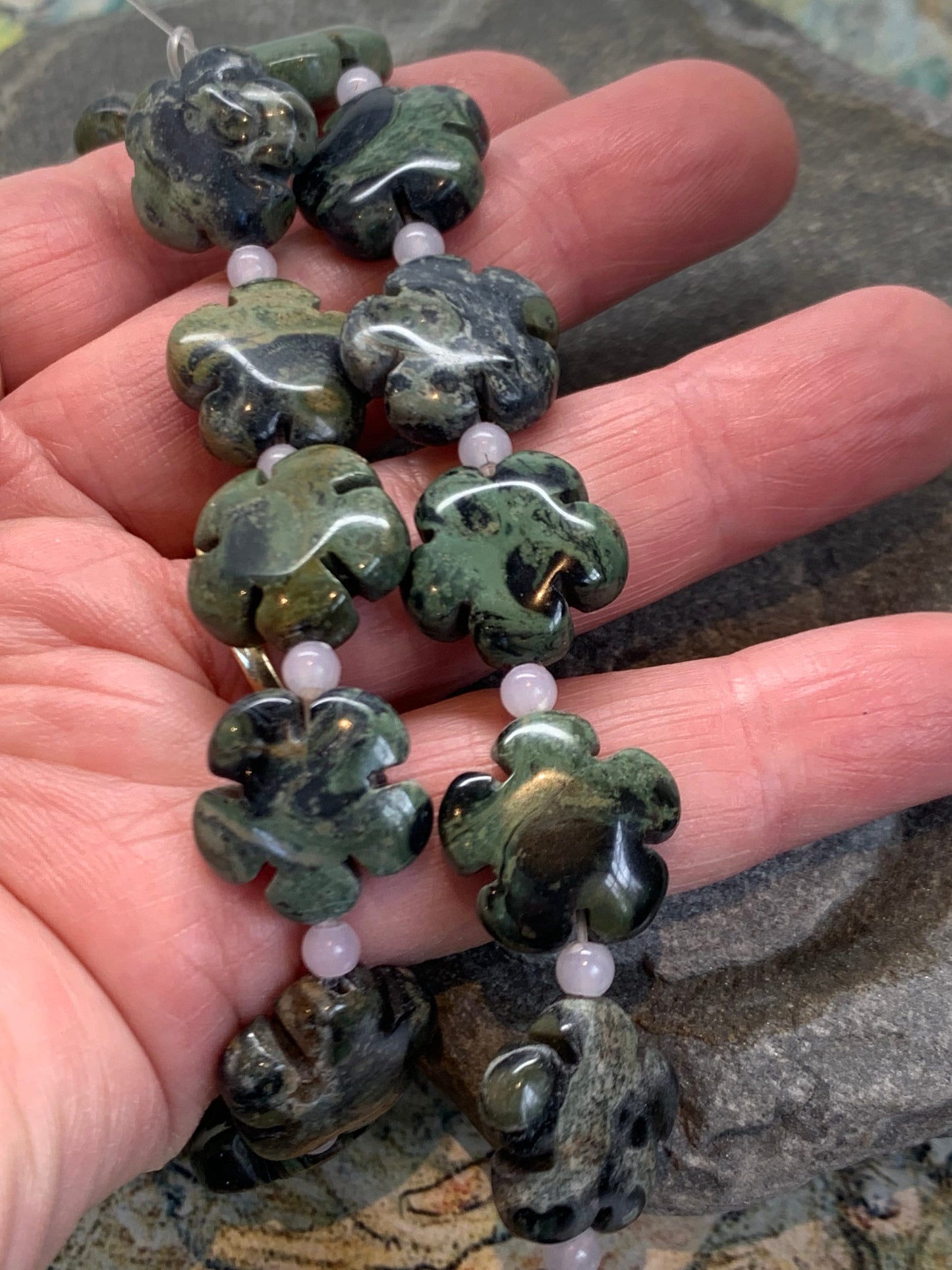 Crocodile Kambaba Green Jasper Carved flower bead. 16mm One bead