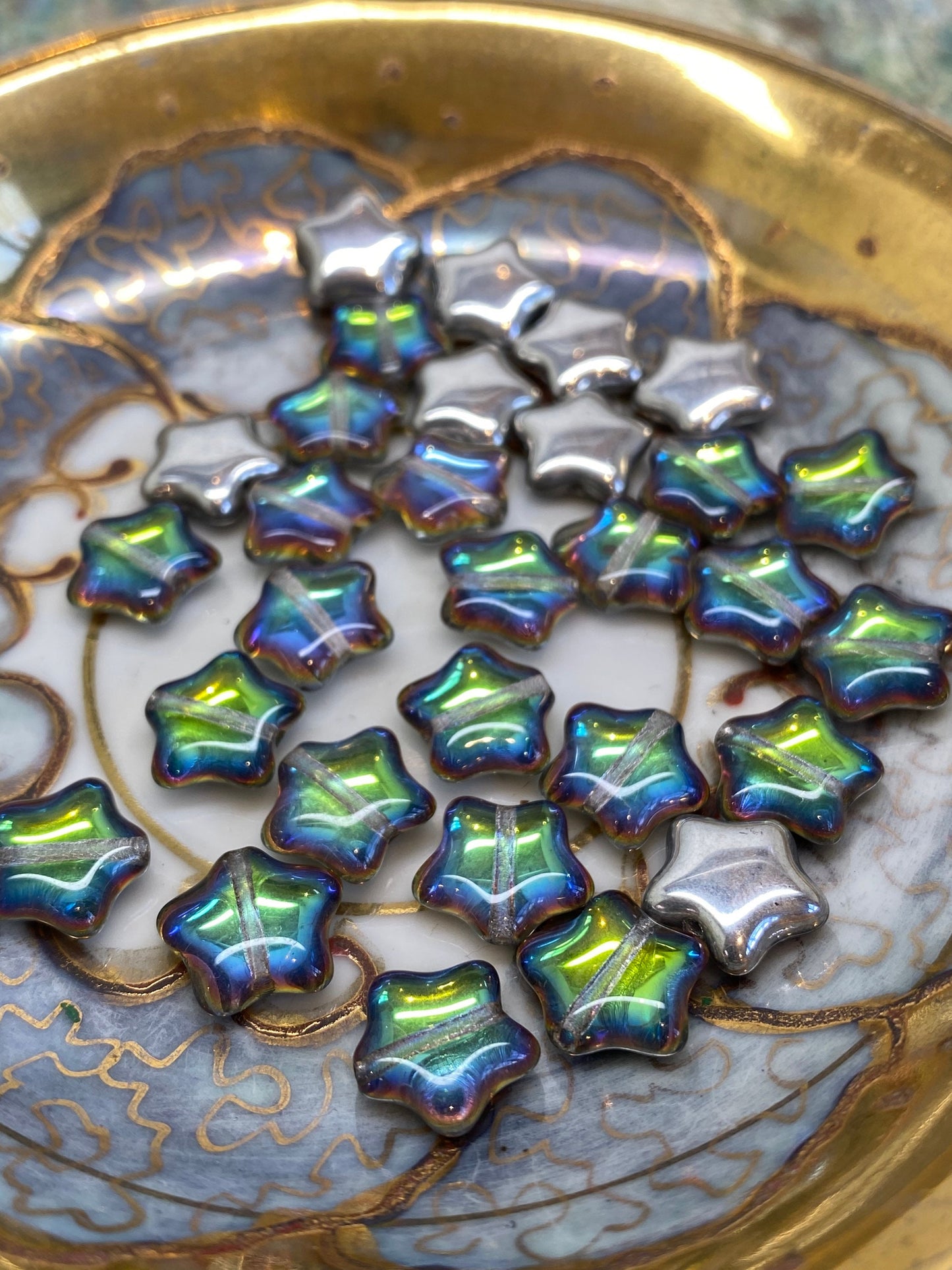 Amazing Glowy Pink Green Blue purple silver two tone Czech Glass star beads 12mm