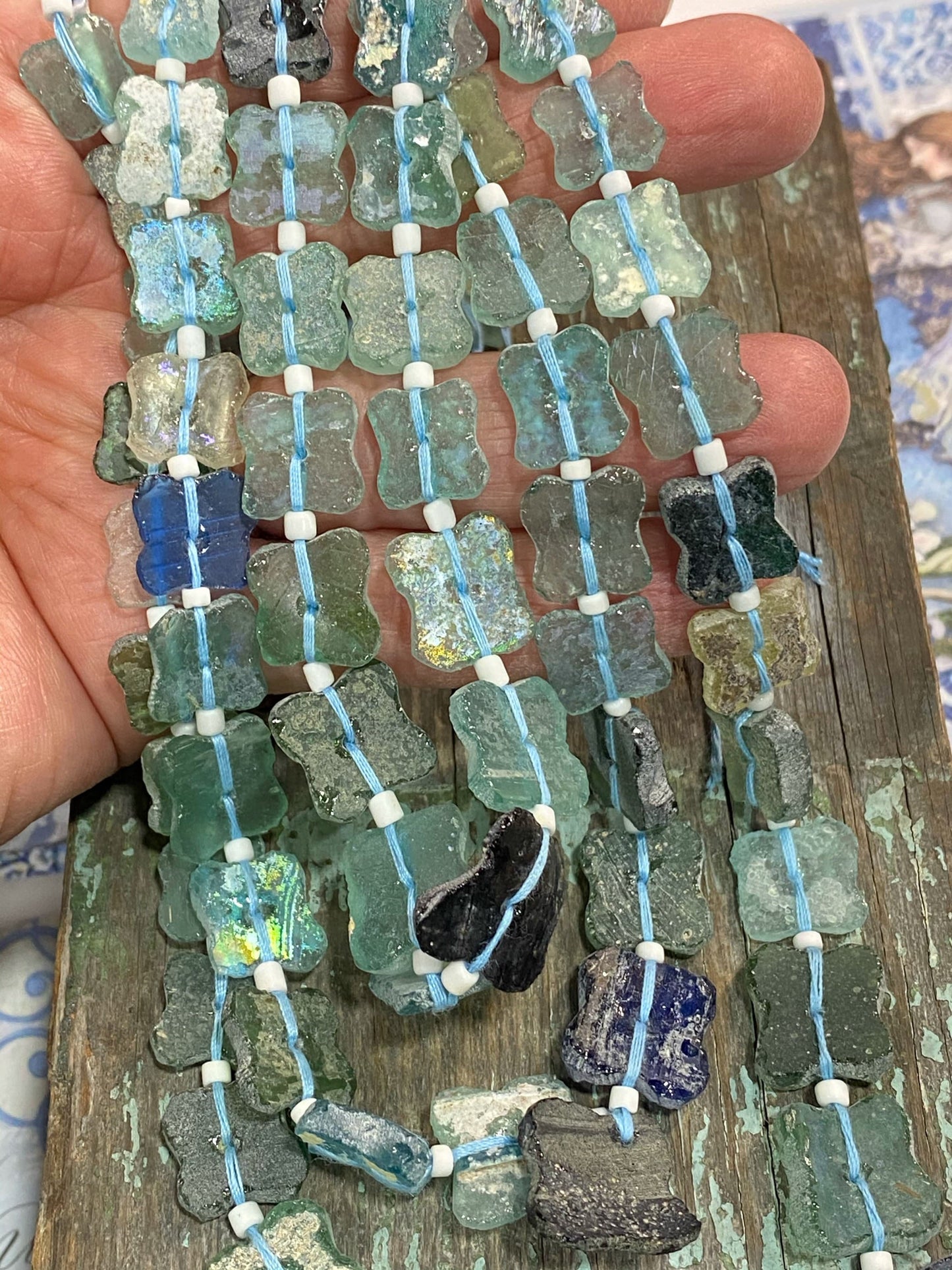 Roman Glass Coin Shaped Square Coin Beads Blue Aqua Green Natural aged beads / Ancient Rare Beads / unique beautiful Antique beads 16”