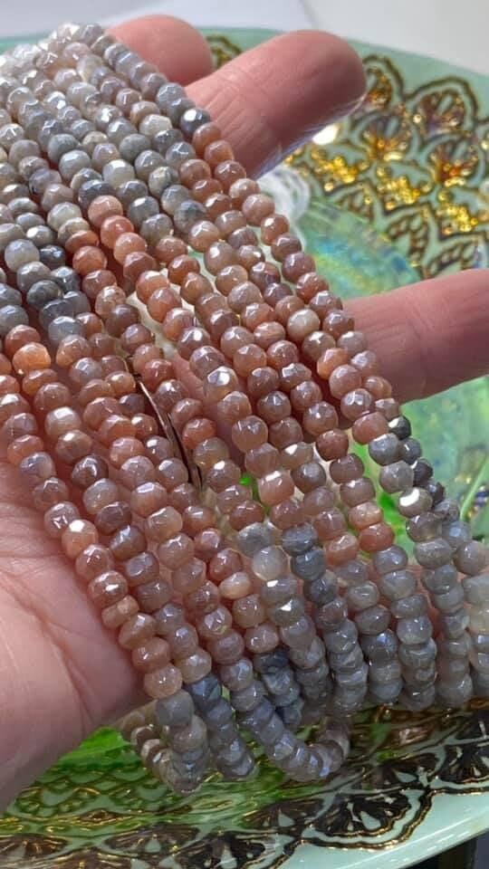 Chocolate, Peach and white Moonstone Faceted Silvered Rondelle Round Beads 5mm approx Moonstone Beads Glowing Moonstone Gemstone Beads