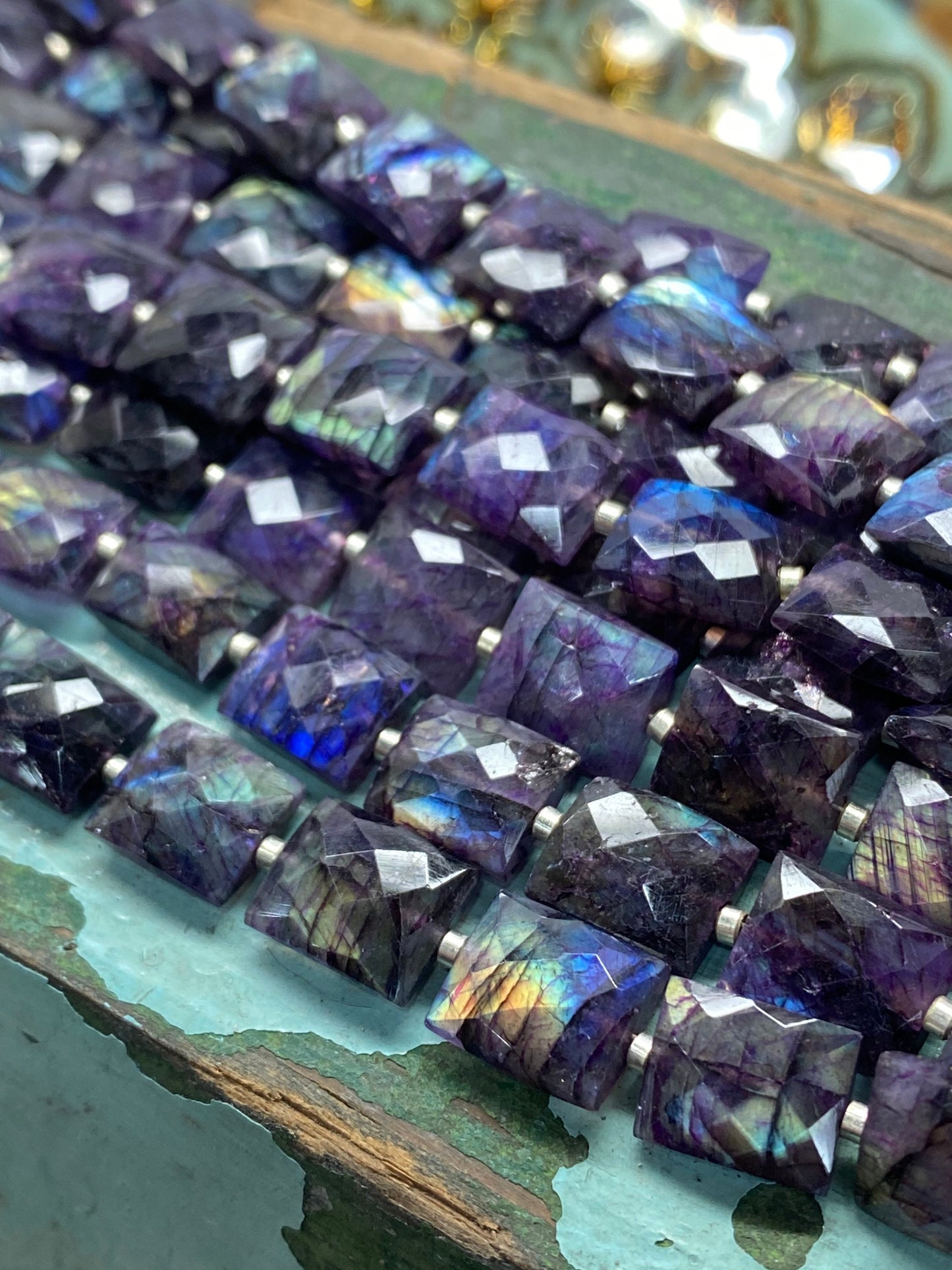 Purple Labradorite faceted Chiclet Rectangle handmade Beads 10mm 18 bead strand