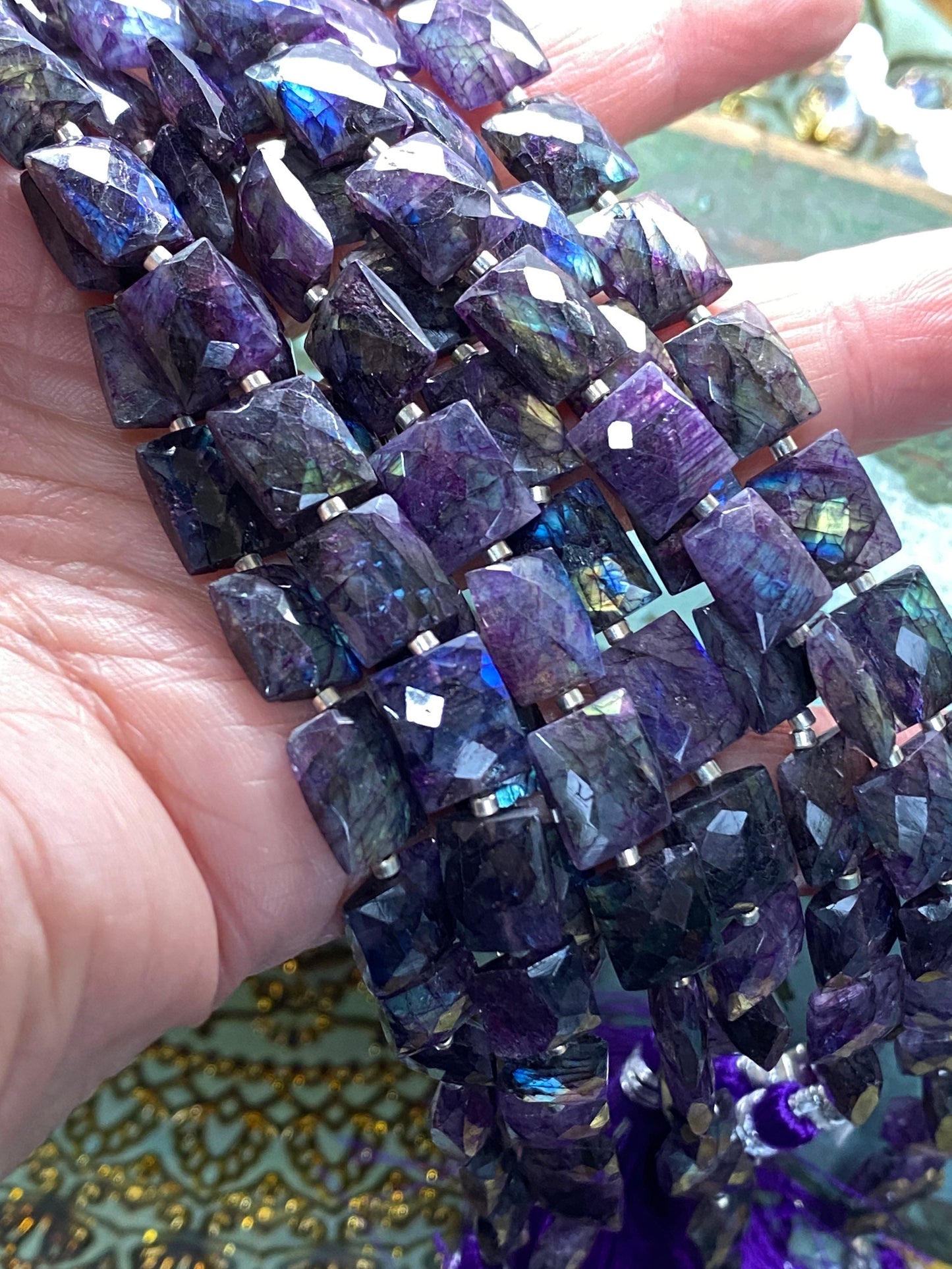 Purple Labradorite faceted Chiclet Rectangle handmade Beads 10mm 18 bead strand