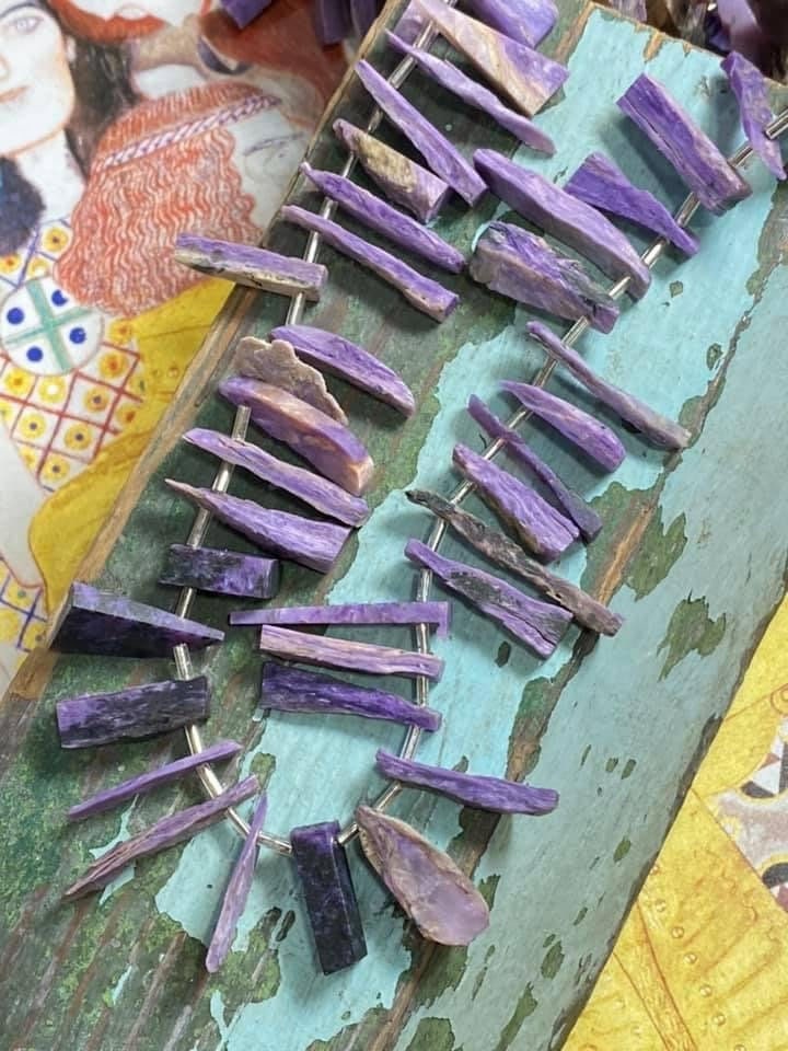 Fabulous strands of natural Charoite 21-35mm approx, 35cm strand Charoite stick beads