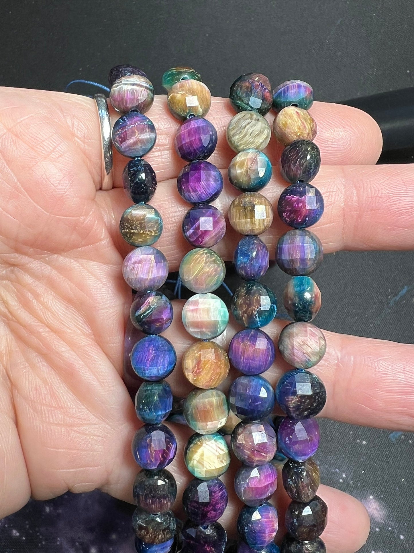 Tiger Eye Chequerboard faceted double sided purple pink brown coin beads unique Tiger Eye 8mm