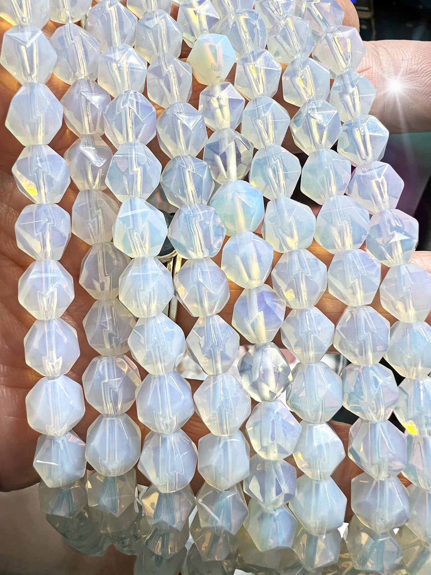 Opalite Round Hex Star Cut Beads 8 mm / Sea Opal Beads / Glowing Moonstone Gemstone Beads / Opalite round beads