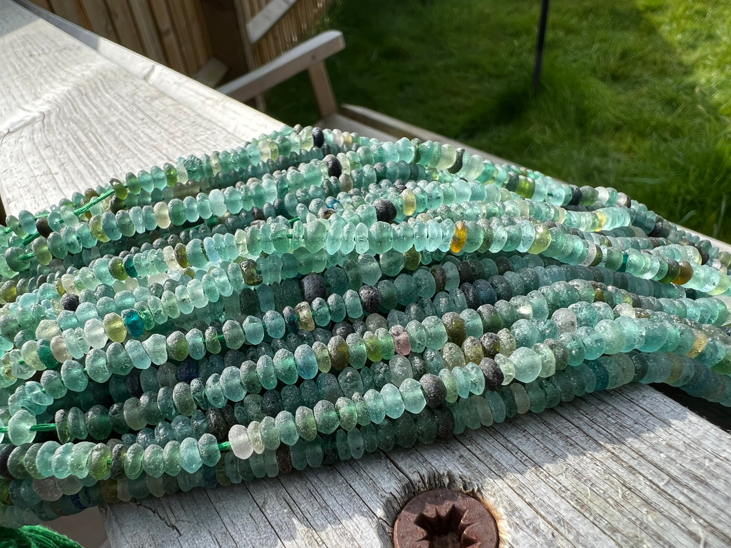 Roman Glass Disc tyre Rondelles Beads Blue Aqua Green Natural aged beads / Ancient Rare Beads 14.5” strand - 4-5mm approx