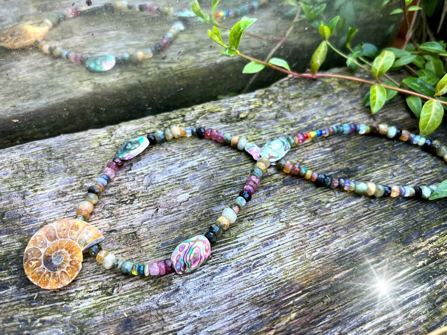 Natural Rustic Ammonite, Abalone, Watermelon Tourmaline, Chrysoberyl and Ethiopian Opal necklace Sterling Silver Clasp.