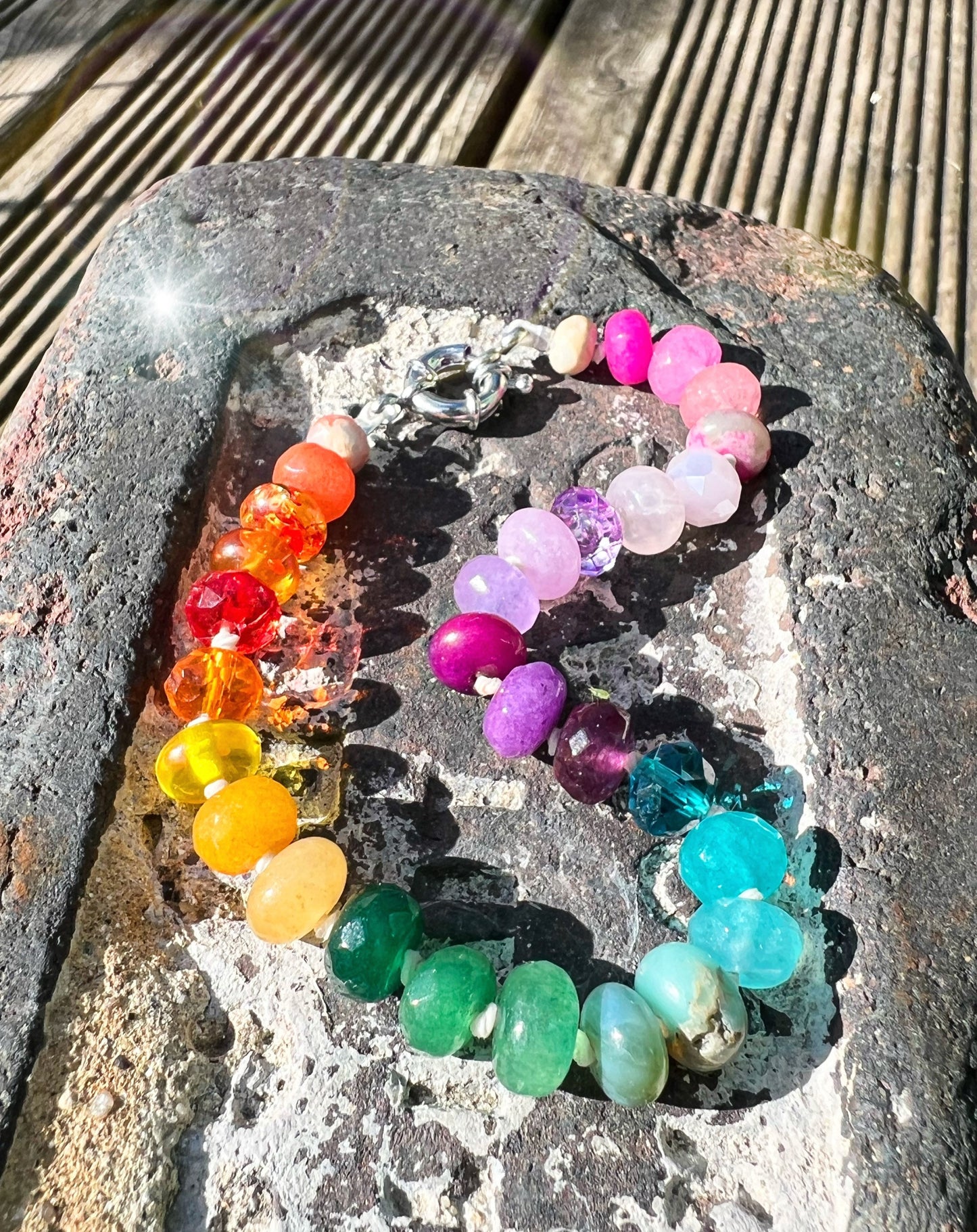 Custom Brights Rainbow Multi Gemstone Beaded Knotted Bracelet - made to order 8mm beads PLEASE read description Sterling silver clasp