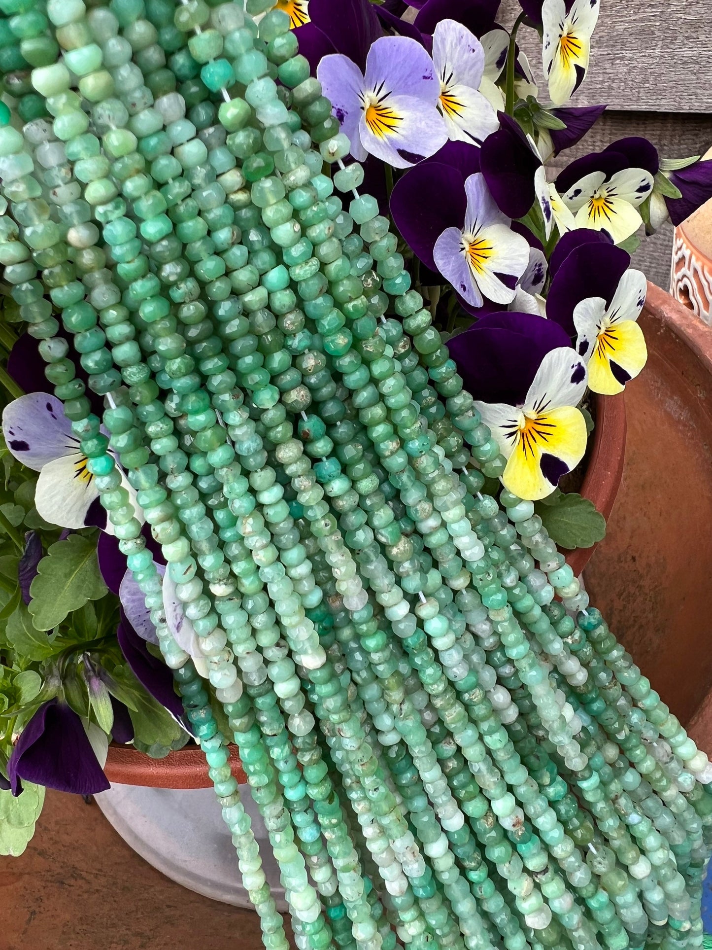 Rustic Hand Faceted Natural Chrysoprase Green Ombré Rondelle Beads / Gemstone Beads/ Approx 4- 5mm