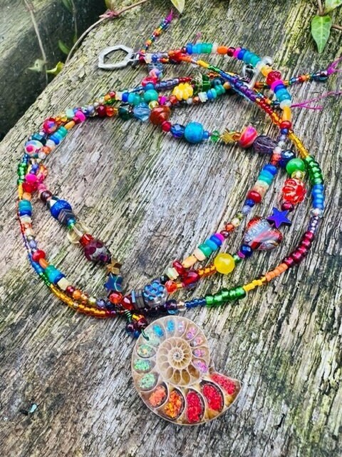 Custom Magic Rainbow Opal Glass Ammonite beaded necklace Opal Gemstone Crystal and Vintage beads OOAK