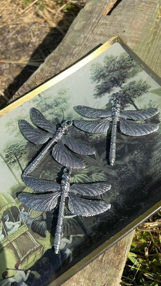 Large intricately designed silver plated Dragonfly pendants / 79x60mm
