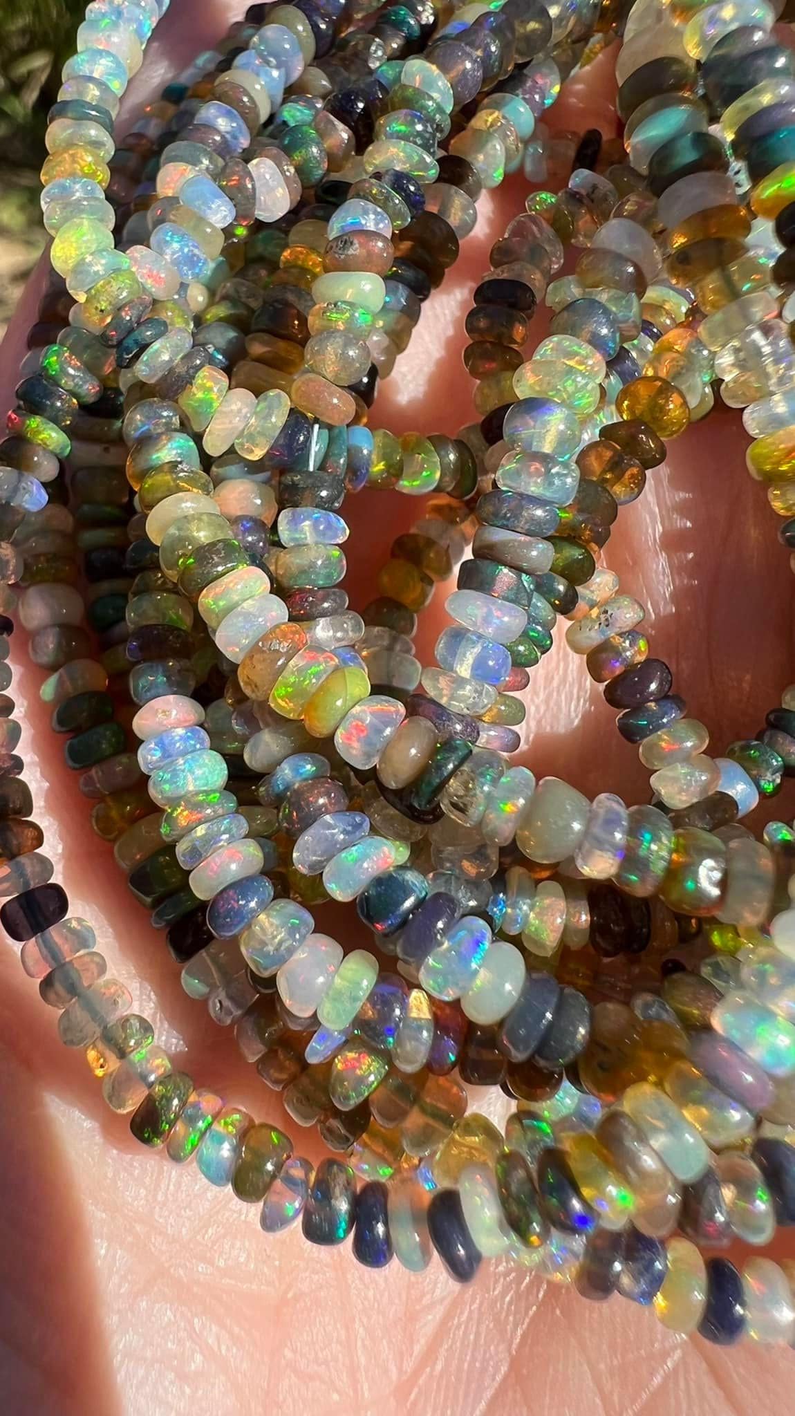 Prettiest natural Ethiopian Earth Opal Rondelles 3mm/ spectrum of soft fiery oranges, blue, brown, green, gold