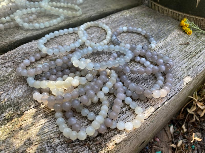 Moonstone stretchy bracelets / heaps of shillah / white, grey and chocolate / 7mm / 7" bracelet