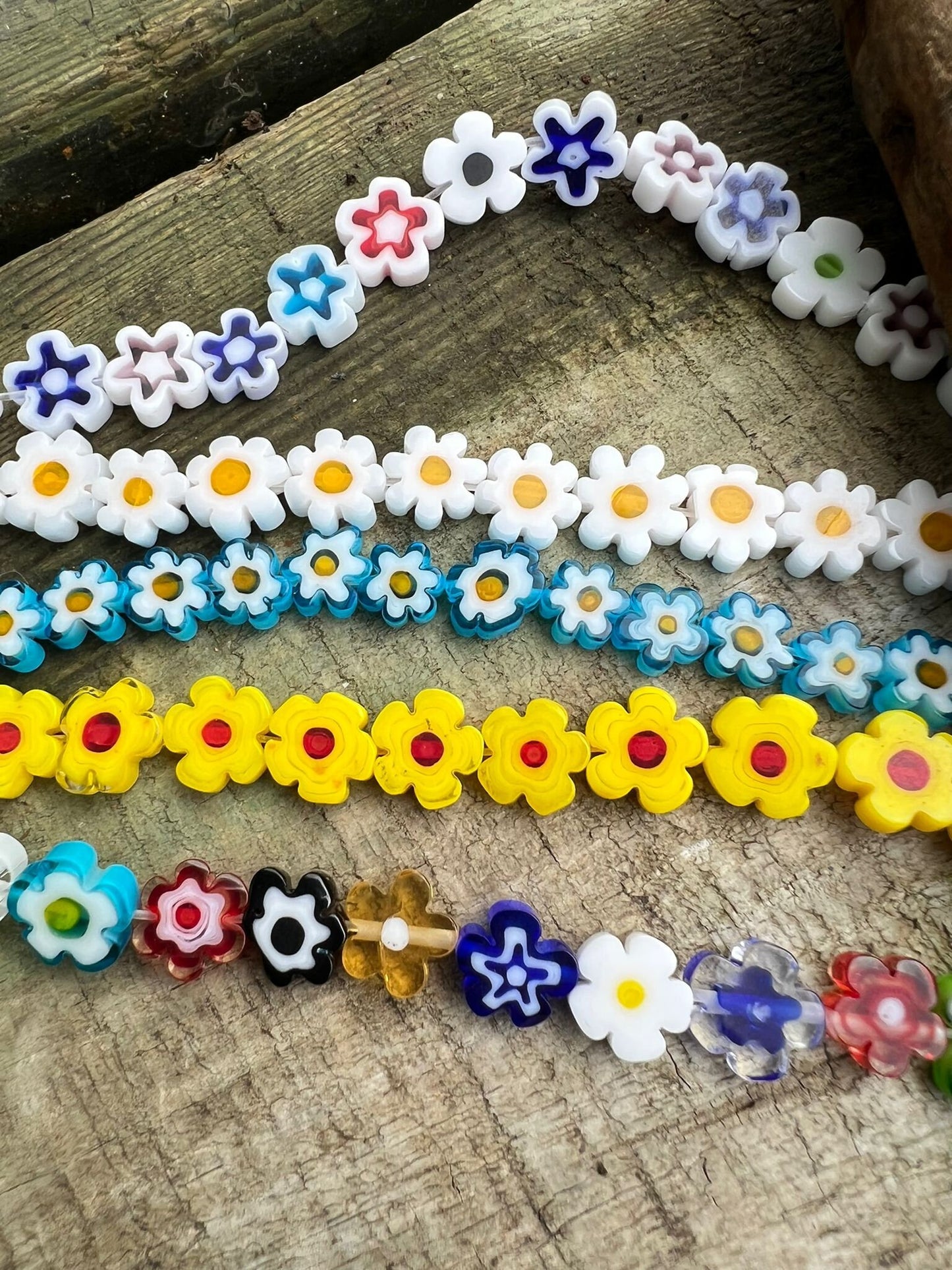 Millefiore glass flowers, Daisy, Sunflowers and Rainbow Flower beads 6-8 mm / Variations of pattern and colour