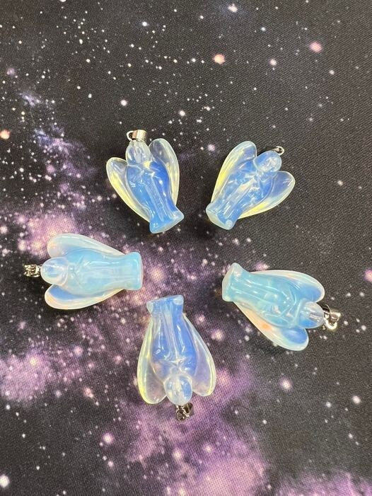 Sweet hand carved Rose Quartz and Opalite pendant Angels 26mm // Rose Quartz Gemstone Beads / Opalite Gemstone Beads