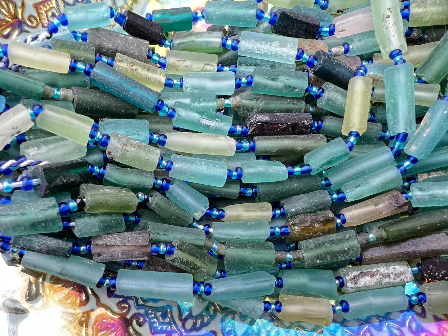 Roman Glass rustic textured slabs Blue Aqua Green Natural aged beads / Glass Spacers / Ancient Rare Beads / unique beautiful Antique beads