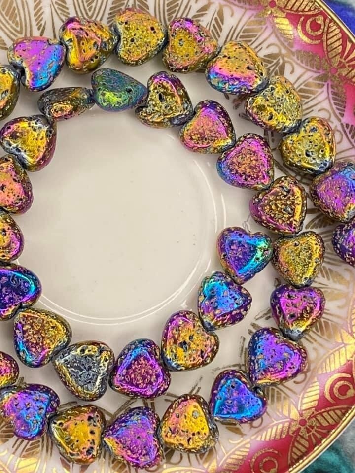 Metallic Electroplated Lava Rock Heart Beads 10mm - Rainbow Titanium Plated Hearts - Unique Rustic beads CHOOSE quantity