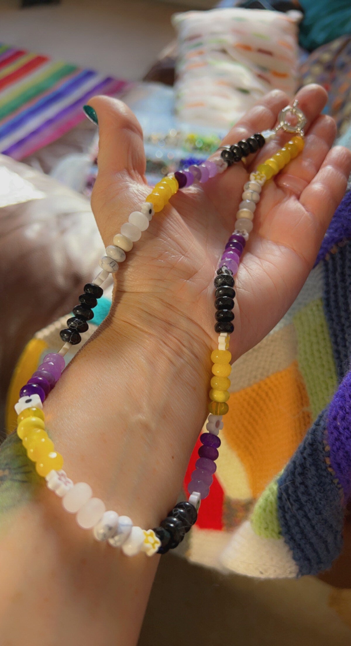 Nobi Gemstone necklace, Yellow, White, Purple, Black / Custom design / Sailor Clasp - Non Binary all inclusive Jewellery.