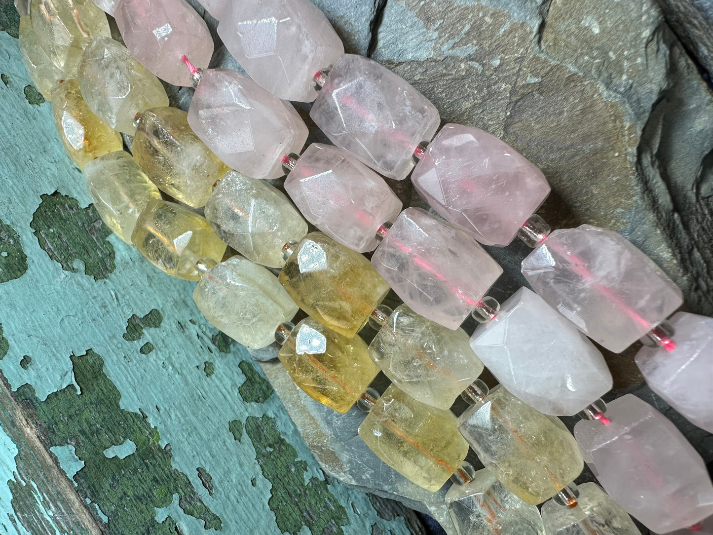 Natural faceted Jewel Gem faceted chunk nugget rectangles. Rose Quartz or Citrine 16mm aprx