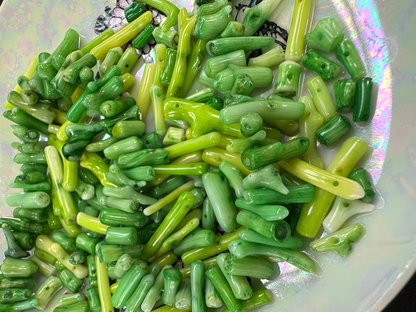 Mixed Green Coral Stick Beads / Lovely Markings and Tones 8-12mm aprx / Coral Beads / Rustic shell beads