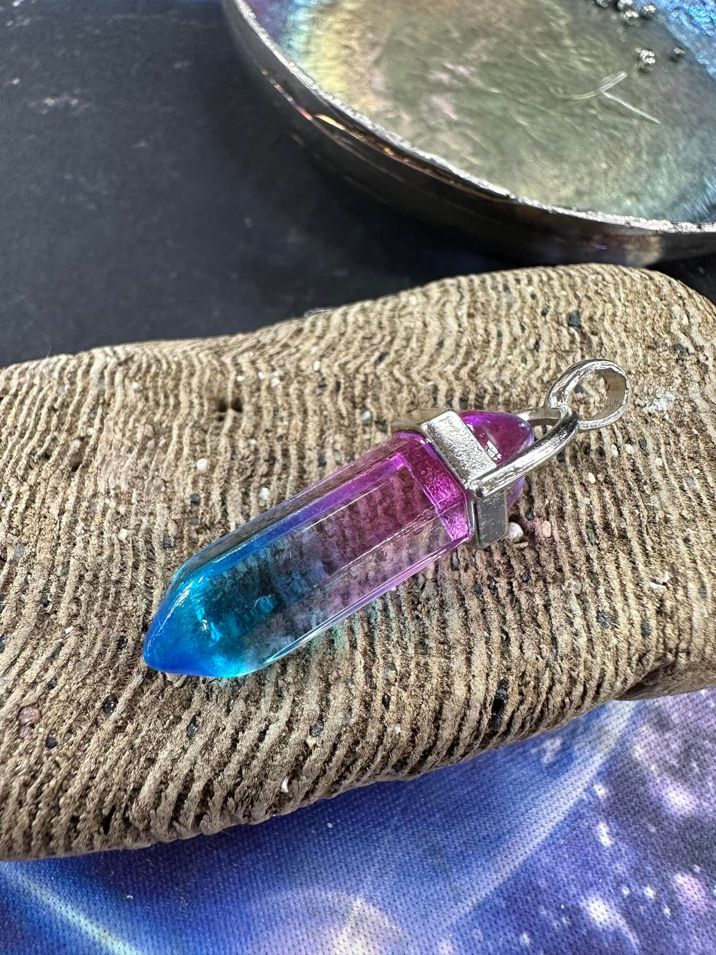 Glass Blue Pink Purple Mystic Drilled Crystal Point Wand Pendant Bead / Spike Beads / Focal Bead silver plated