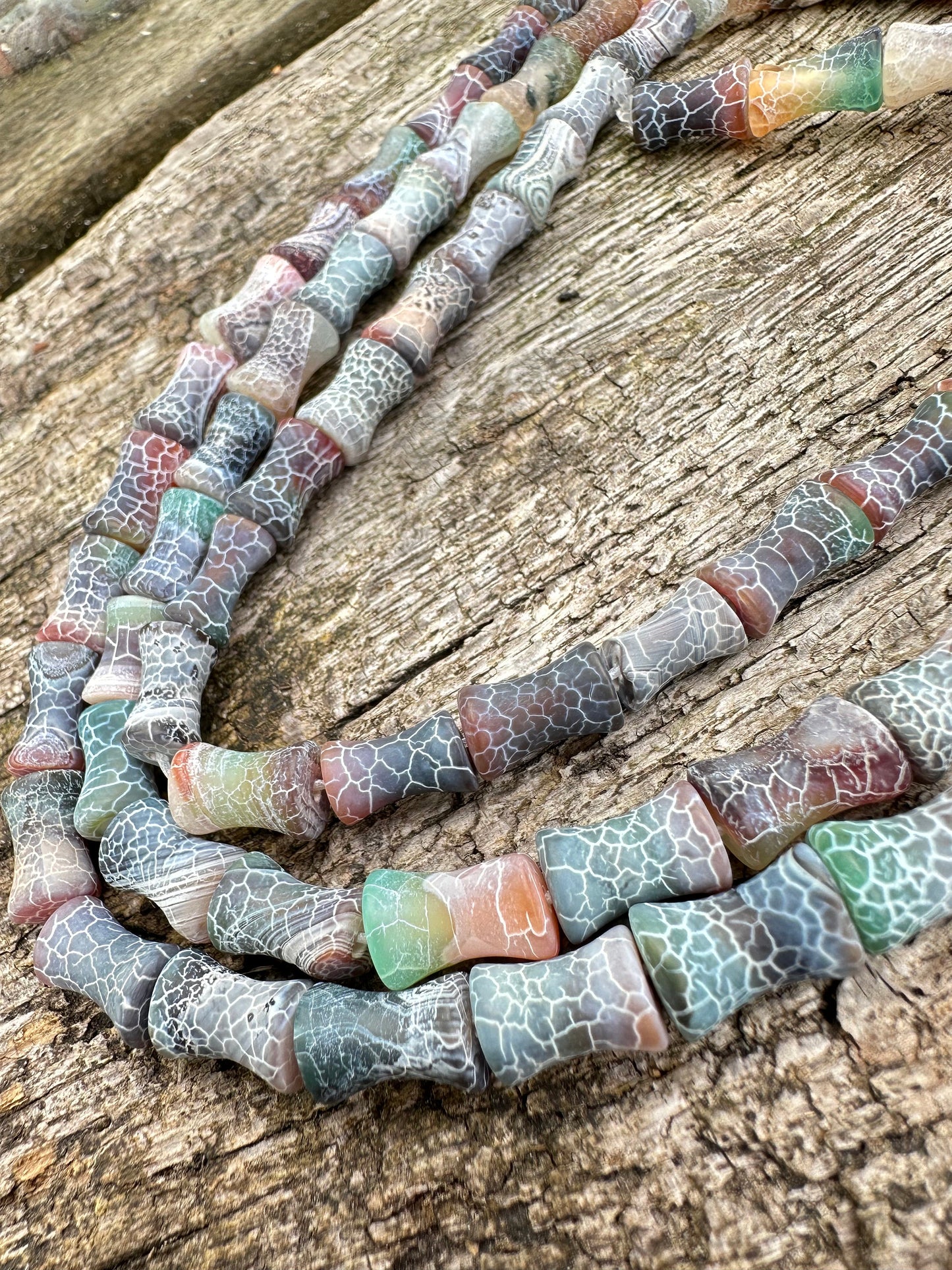 Unique Aged Veined Cracked Agate Nipped in Drums Green Brown 12mm