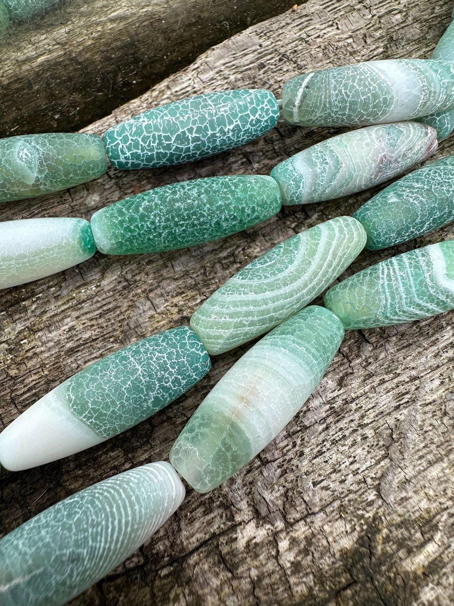 Unique Rustic Aged Veined Cracked Agate Green White toned Long Barrels Drums 30mm