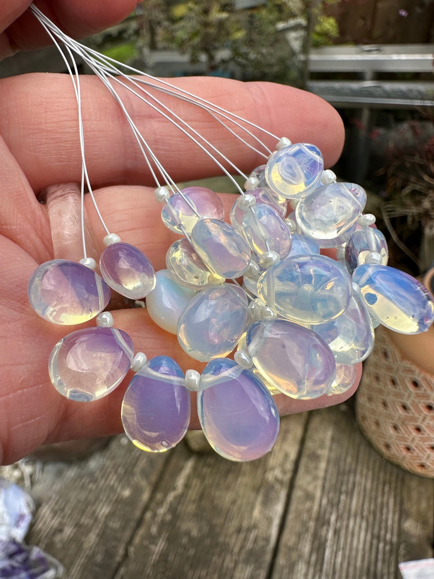 7 x Opalite smooth handmade briolette beads, 10-11 mm approx Lovely Glowy Moonstone Tones / Vaseline glass effect