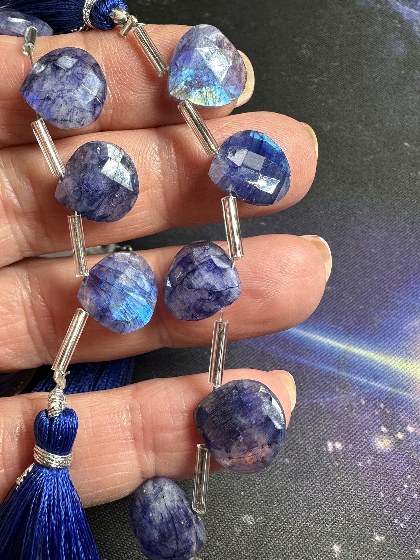 Unique RUSTIC Hand Faceted Wisteria Blue Moonstone focal brios TEARDROP heart beads 12 mm Pits , fissures, natural lines