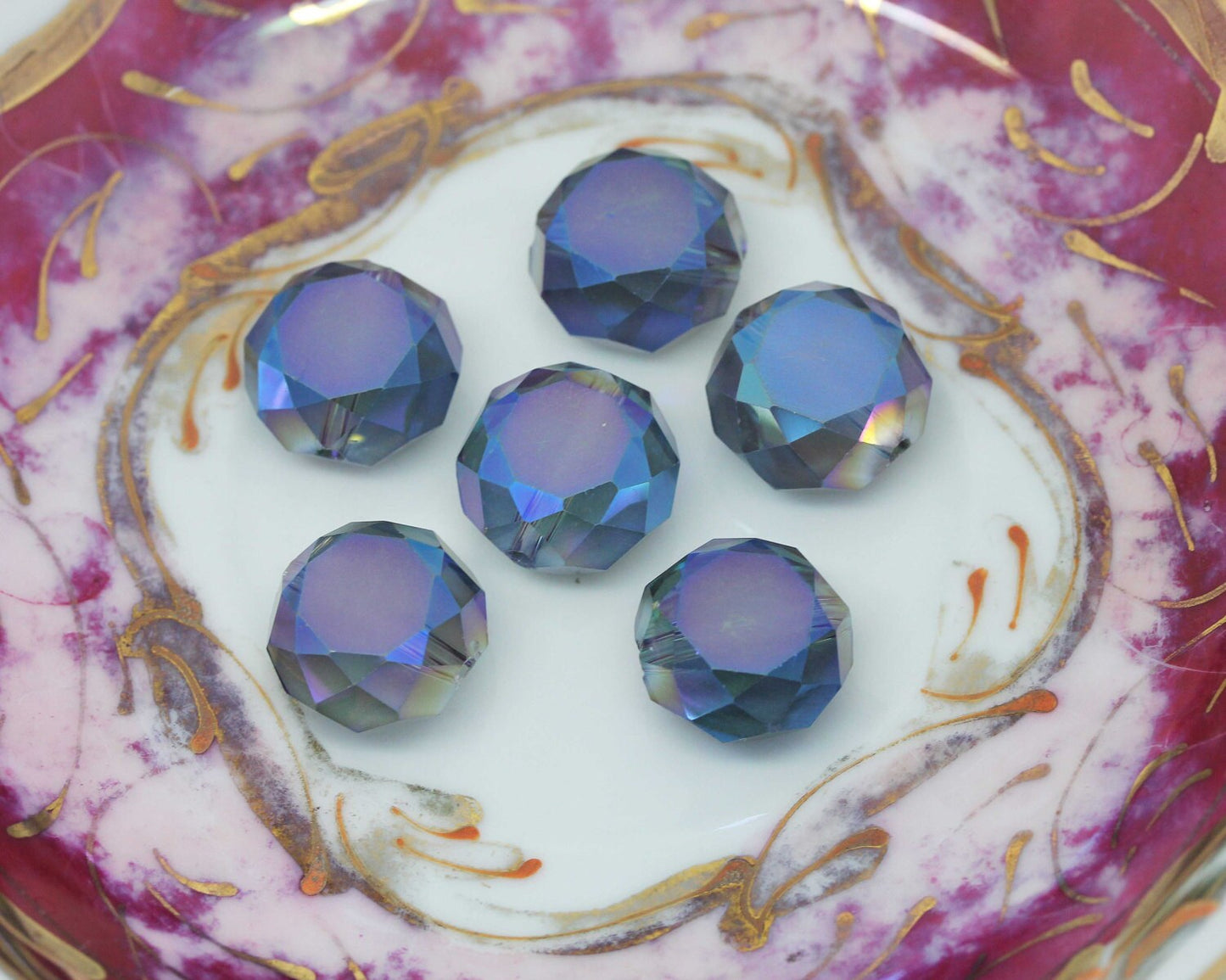 2 X Blue Crystal Matte Coin Beads 14mm / Two Tone Crystal Beads / Magic Crystal Beads / Mystic Crystal Coin Beads / Vitrail beads 2 beads