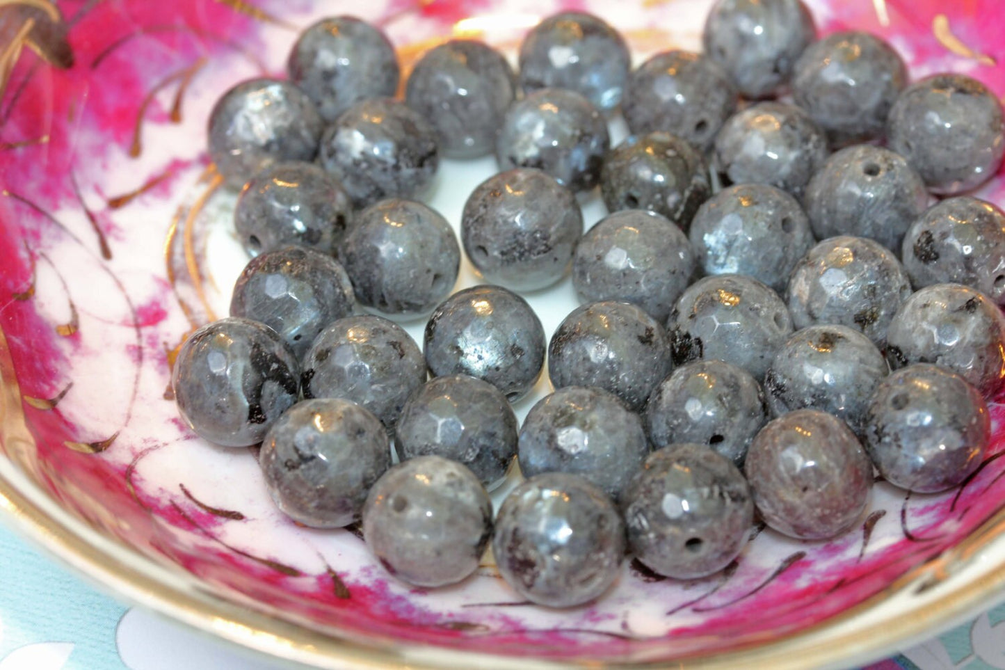 3 x Larvikite Gemstone Round Beads 8/10mm / Natural Grey Larvikite Beads / Faceted Larvikite Labradorite 8/10mm Beads Larvikite Shillah