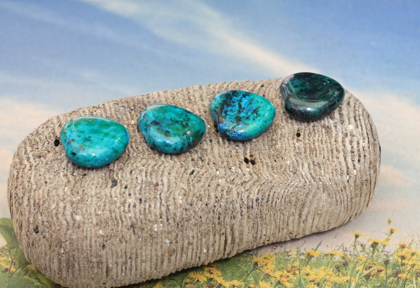 Chrysocolla Heart Beads Fabulous Tones 20mm / Turquoise Green Blue Gemstone Beads / Chrysocolla Beads Rustic - 3 BEADS DYED Stabilised