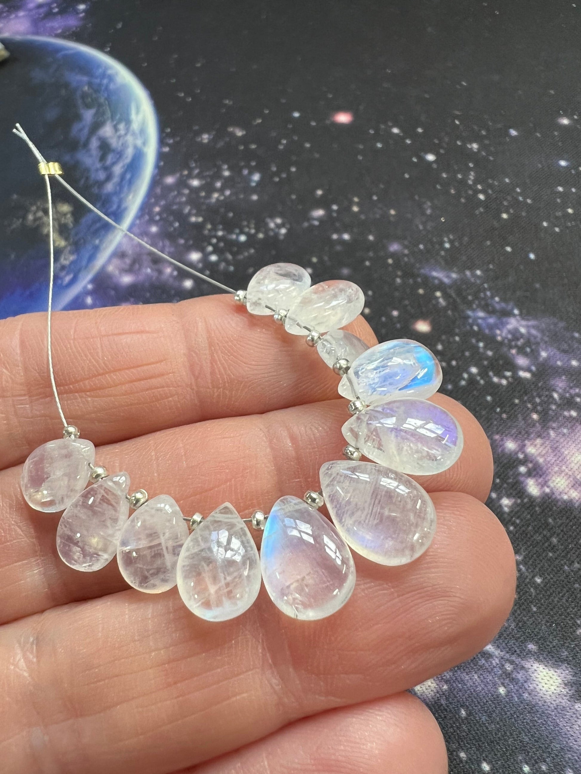 RUSTIC Smooth handmade Blue Rainbow Flash Moonstone Briolette Drop Beads WITH natural rustic inclusions and textures and fissures 8-11mm