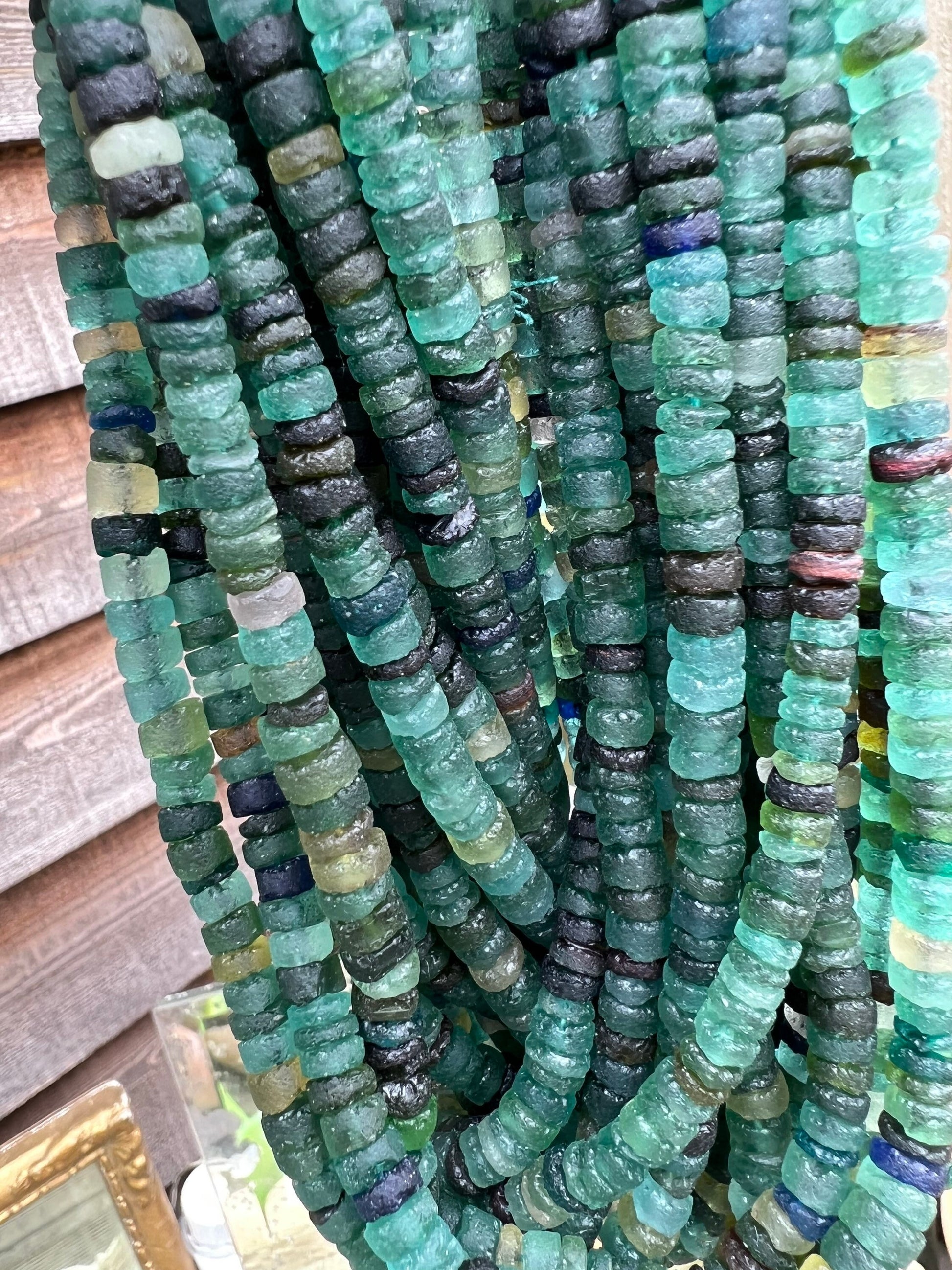 Large Roman Glass Disc tyre Rondelles Beads Blue Aqua Green Natural aged beads / Ancient Rare Beads 13.5” strand - 6-7 mm approx beads