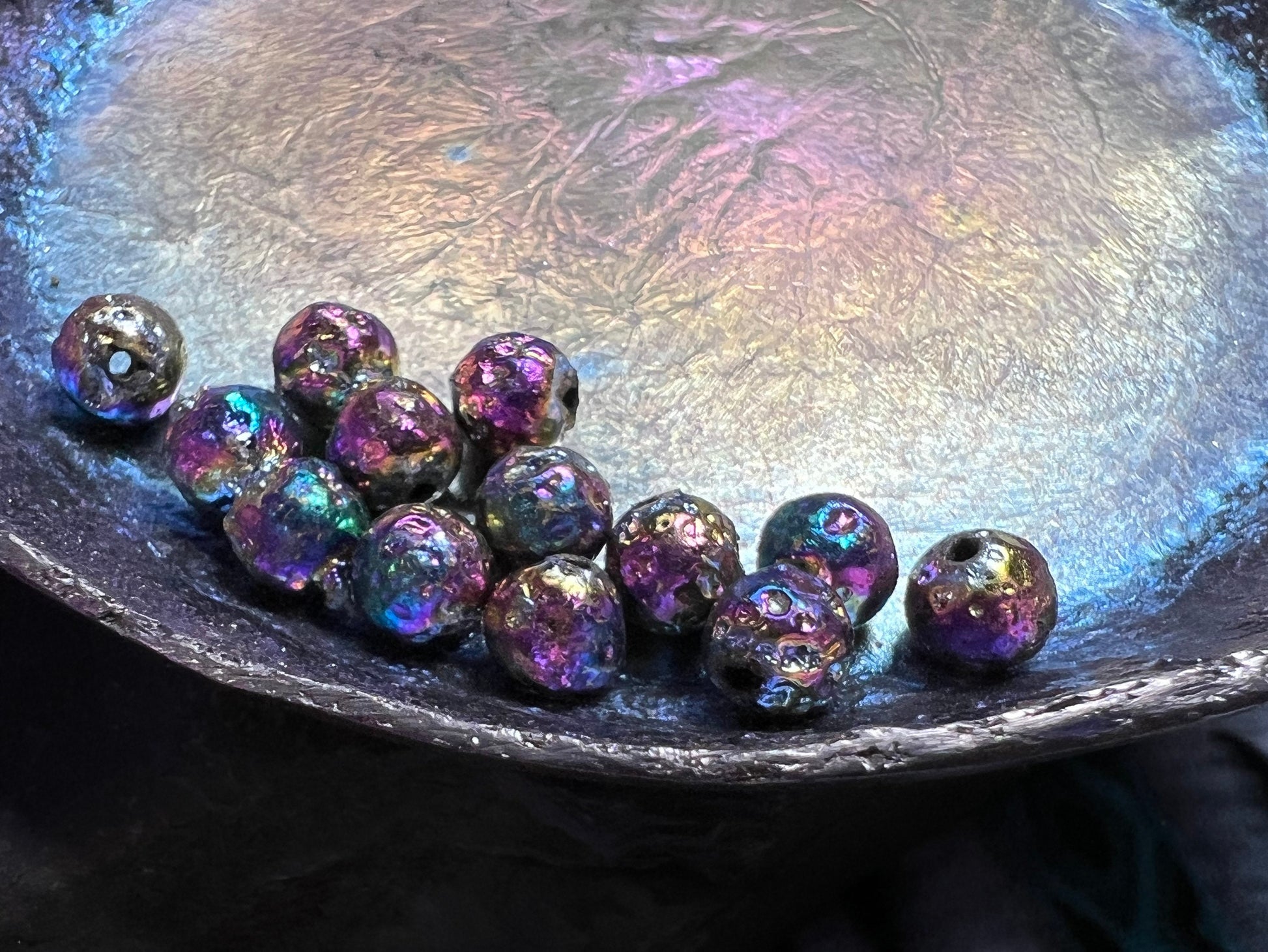 4 x Metallic Lava Rock beads 6mm rainbow tones soft metallics. Unique Beads / 4 beads