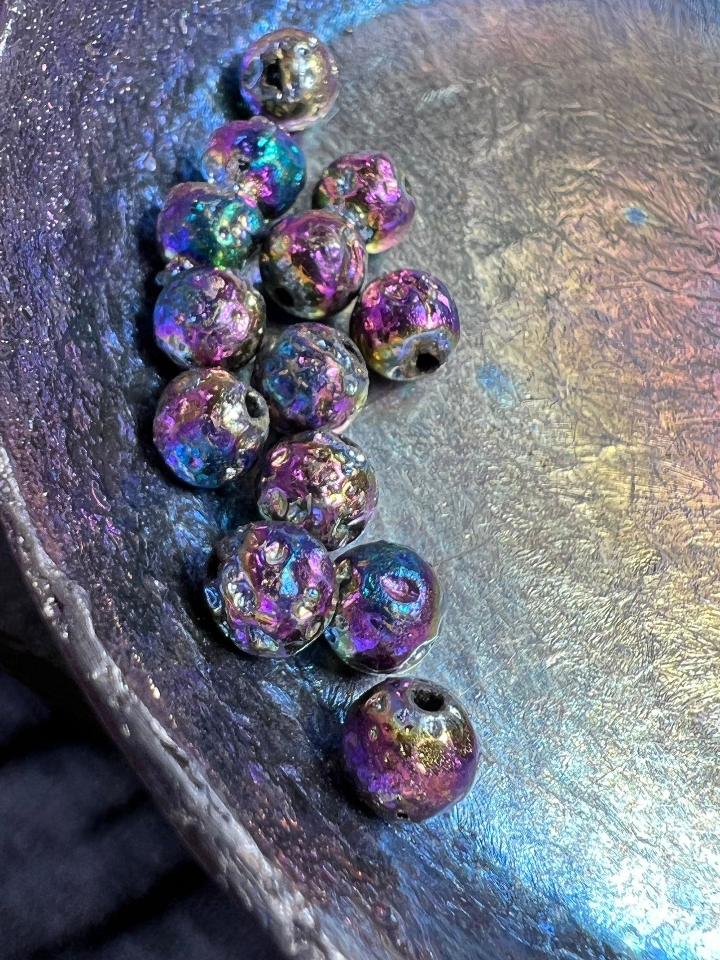 4 x Metallic Lava Rock beads 6mm rainbow tones soft metallics. Unique Beads / 4 beads