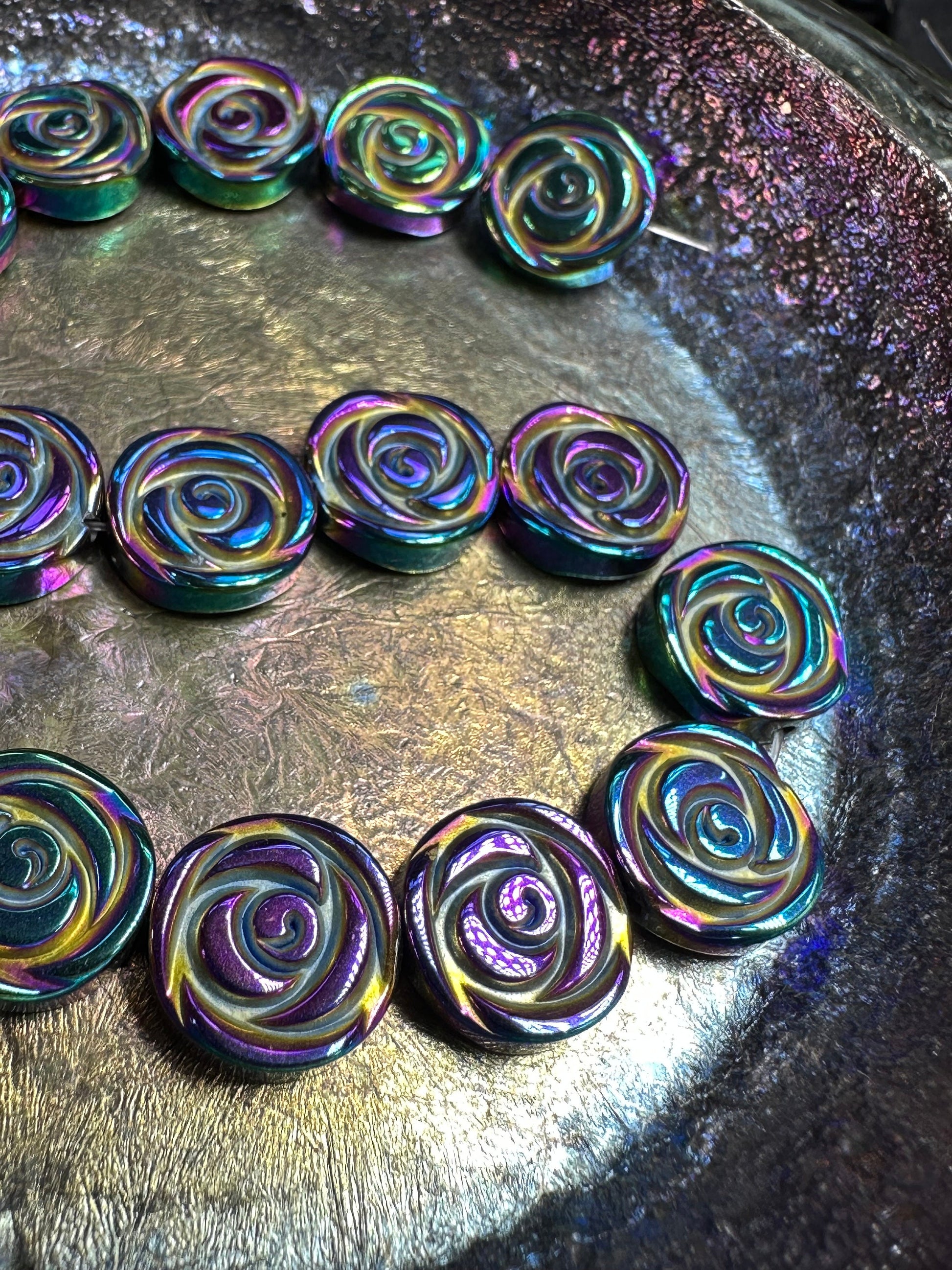 4 x Carved Rainbow Titanium Haematite Rose Flower focal beads Beads 12m / Two Tone iridescent Haematite Beads / Mystic Hematite Beads
