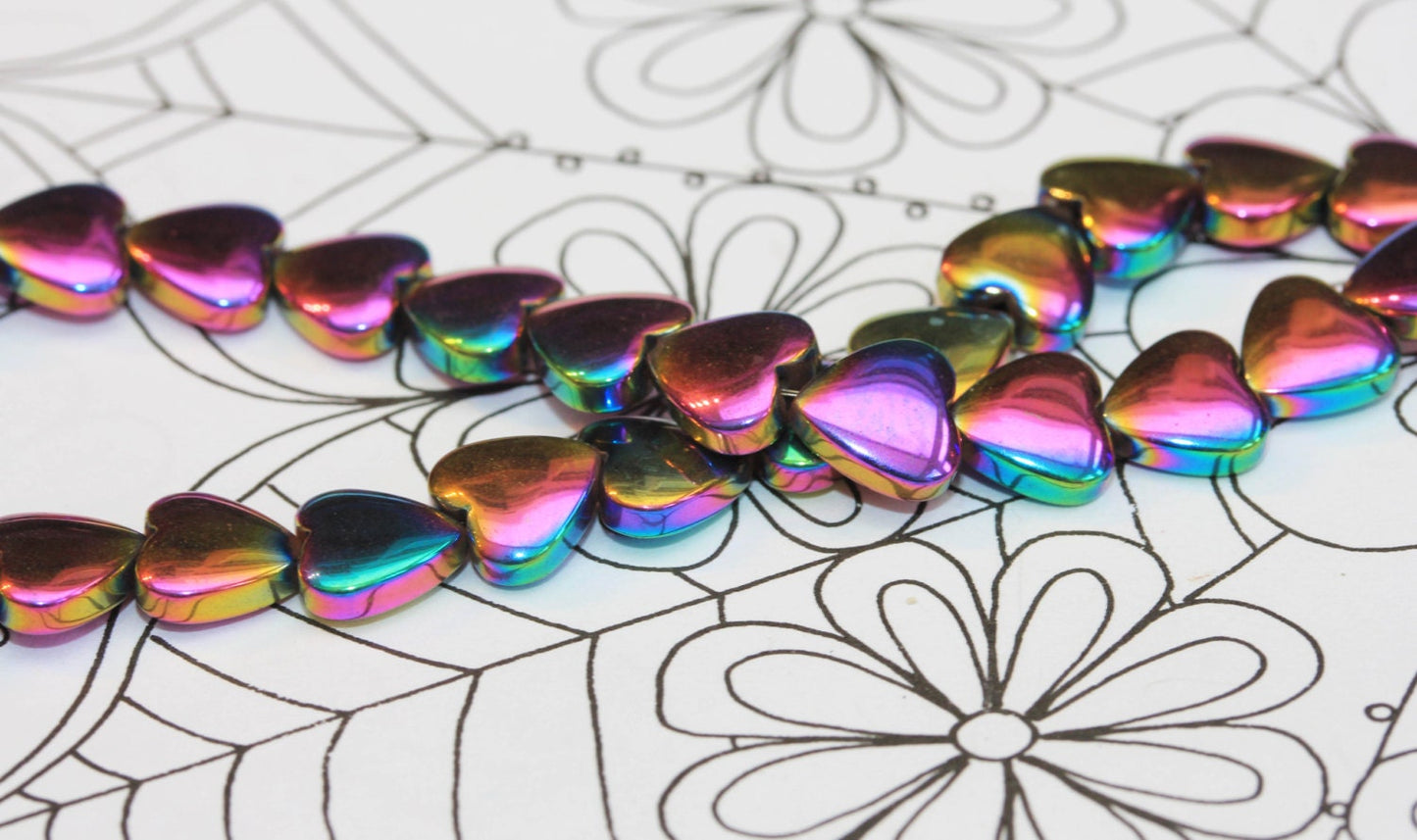 Rainbow Titanium Plated Haematite Hearts 8mm SET of 6 beads Wonderful Shine Multi Tones