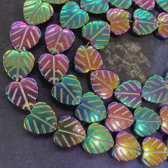 4 x Carved Rainbow Titanium Haematite leaf beads  Beads 8mm  / Two Tone iridescent Haematite Beads / Mystic Hematite Beads /  Rainbow beads