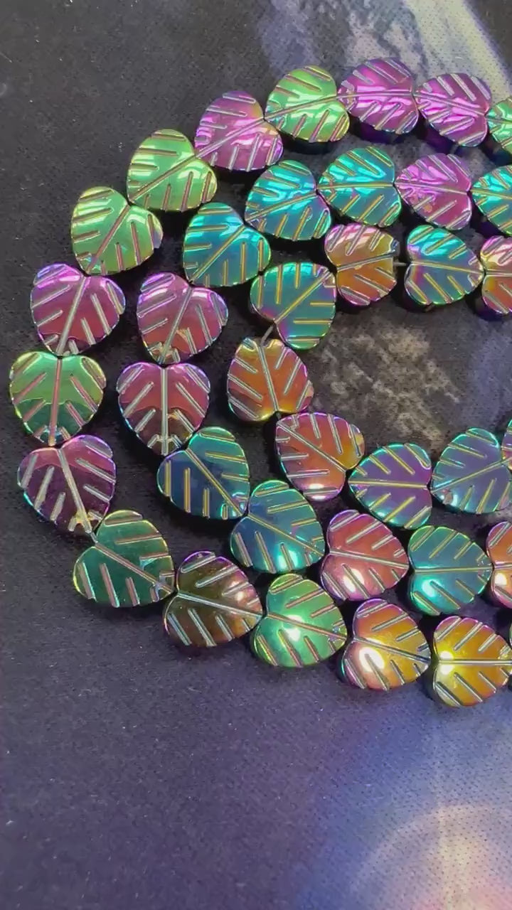 4 x Carved Rainbow Titanium Haematite leaf beads  Beads 8mm  / Two Tone iridescent Haematite Beads / Mystic Hematite Beads /  Rainbow beads