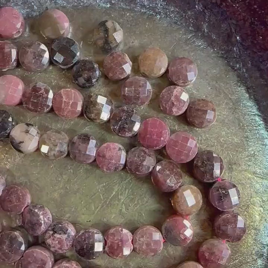 Natural Rhodonite pink black brown Faceted Coin Beads Double Sided 6mm , .8mm hole