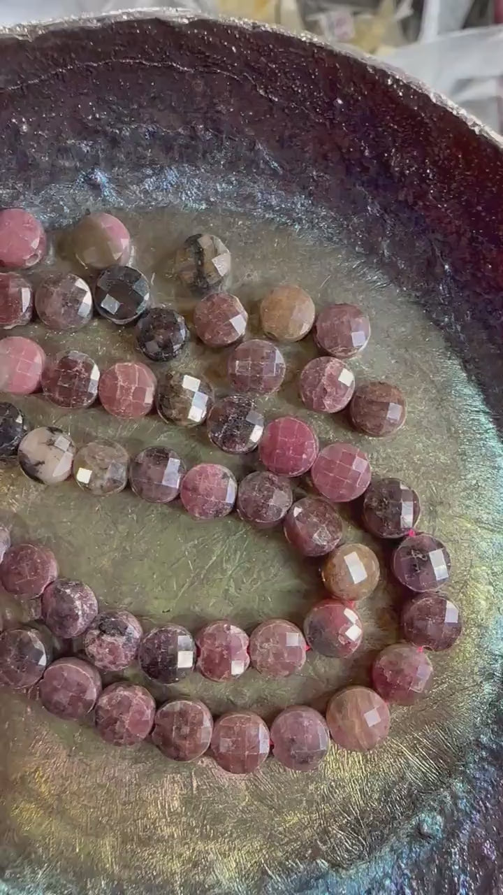 Natural Rhodonite pink black brown Faceted Coin Beads Double Sided 6mm , .8mm hole