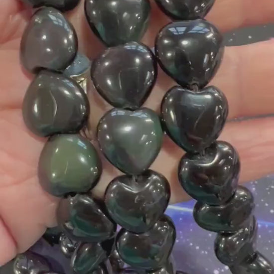 Rainbow Obsidian Heart Beads 14mm / Natural Beads /Black  heart beads  / Natural Gemstone beads