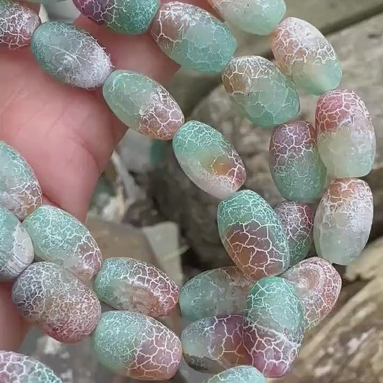 Unique Rustic Aged Veined Cracked Agate green brown orange   toned Barrels Drums  12mm