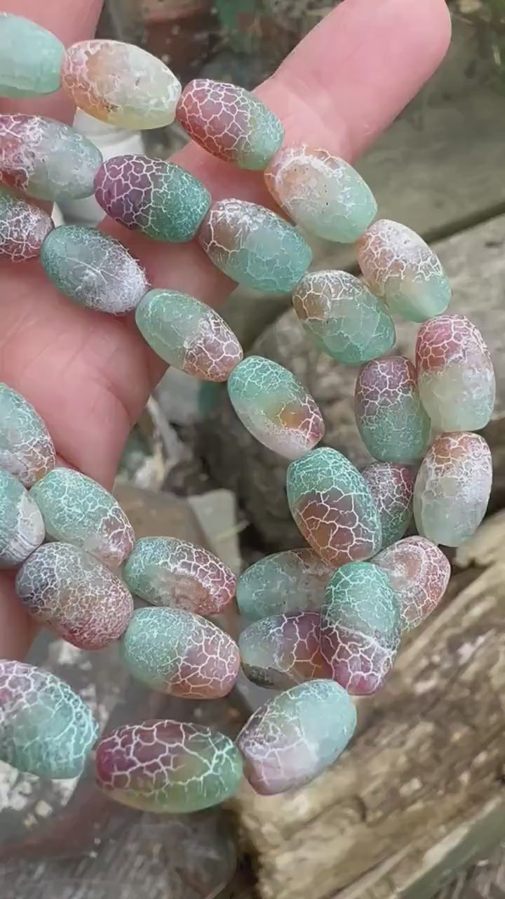 Unique Rustic Aged Veined Cracked Agate green brown orange   toned Barrels Drums  12mm