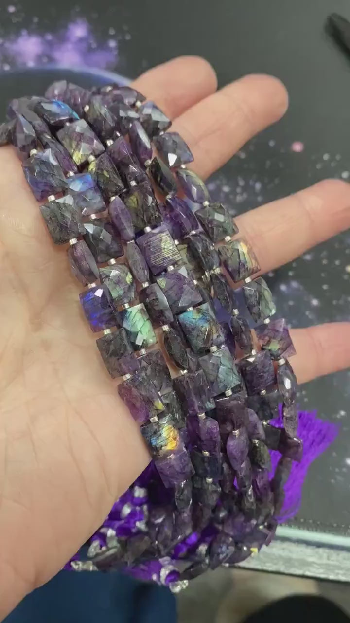 Purple Labradorite faceted Chiclet Rectangle handmade Beads 10mm 18 bead strand